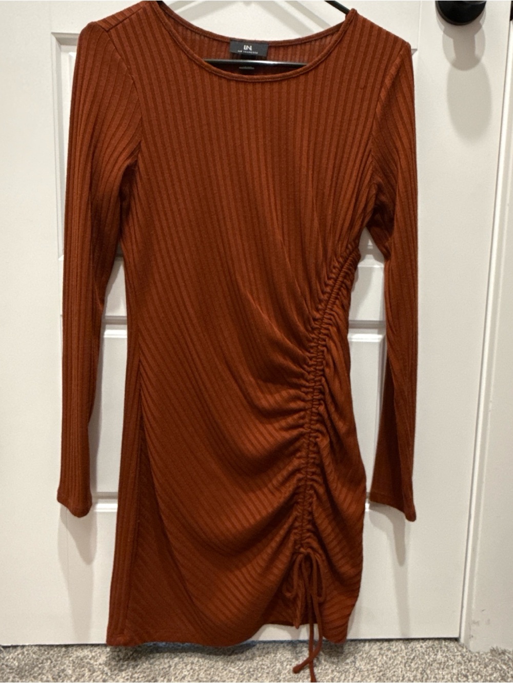 Folded-Ruched Long Sleeve Mini Dress in Rust